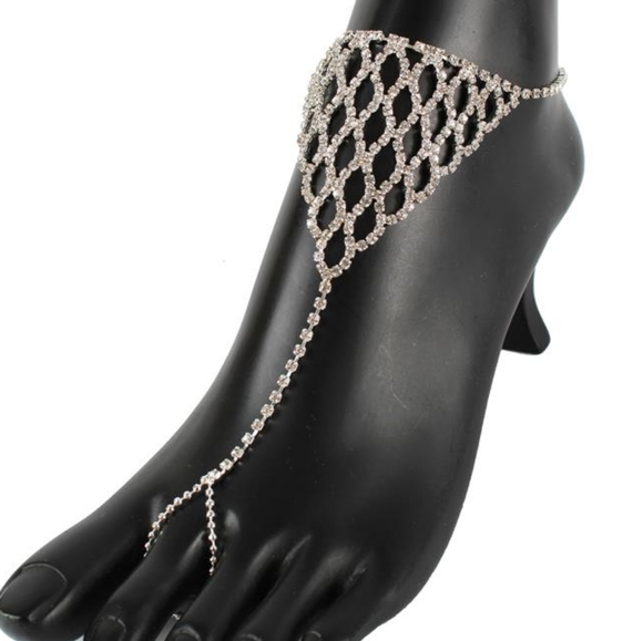 Silver Chain Rhinestone Crystal Anklet Metal Net Toe Ring Statement Jewelry - Picture 3 of 3